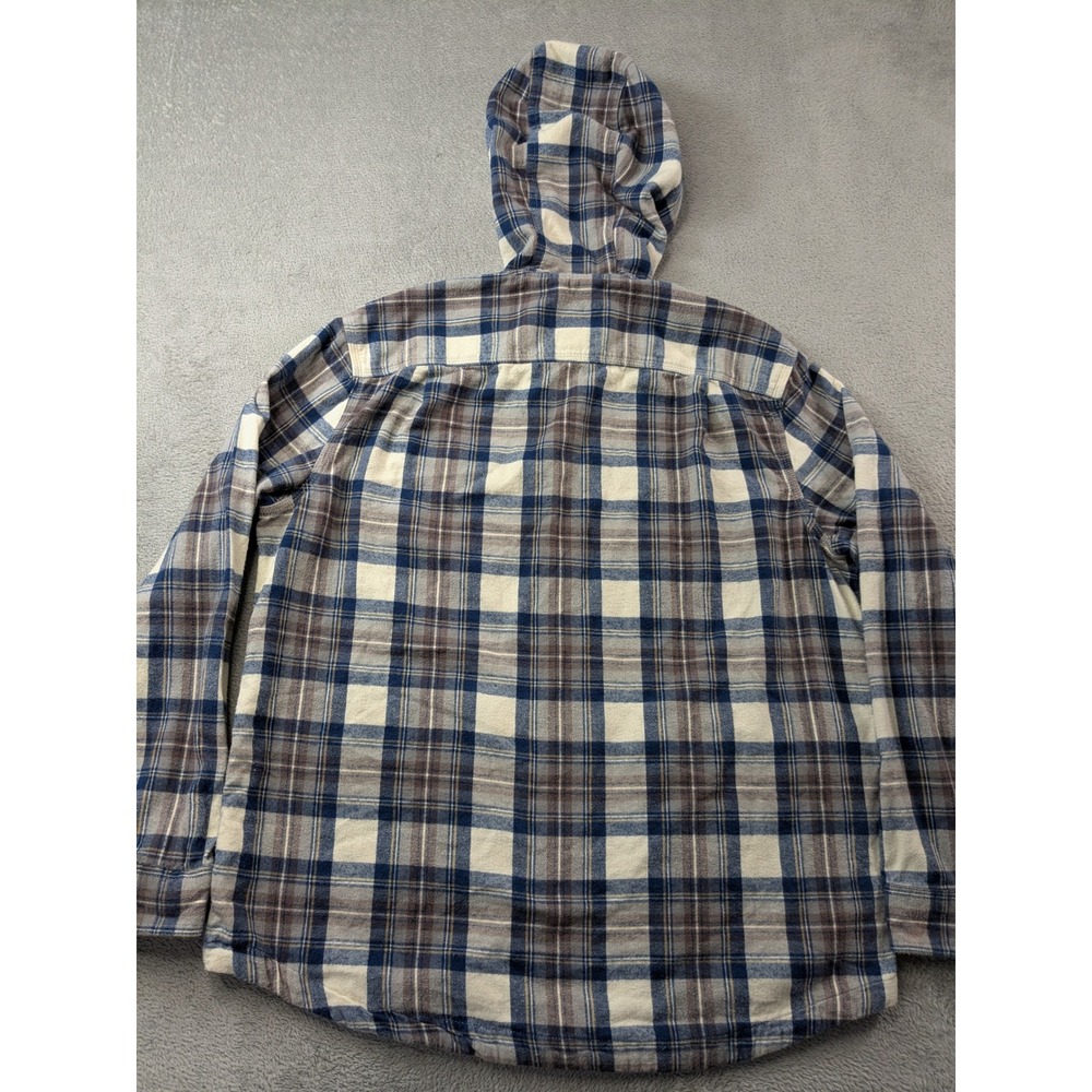 LL Bean Hooded Flannel Shirt Womens Large Blue Plaid Cotton Button Up 508169 - Picture 3 of 11